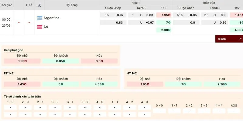 Đánh giá tỷ lệ kèo trong trận Argentina vs Áo